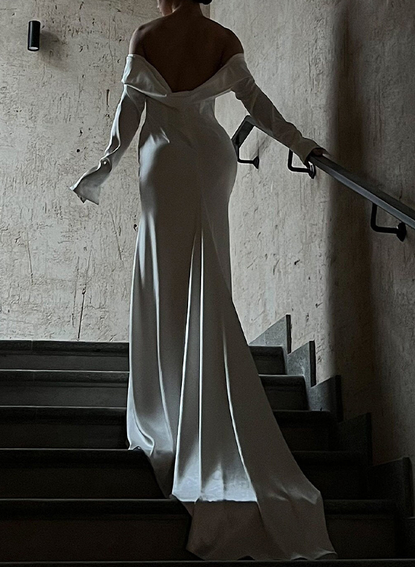 Elopement Draped Off-The-Shoulder Long Sleeves Silk Like Satin Wedding Dresses