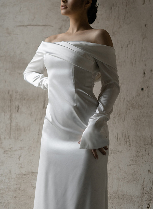 Elopement Draped Off-The-Shoulder Long Sleeves Silk Like Satin Wedding Dresses