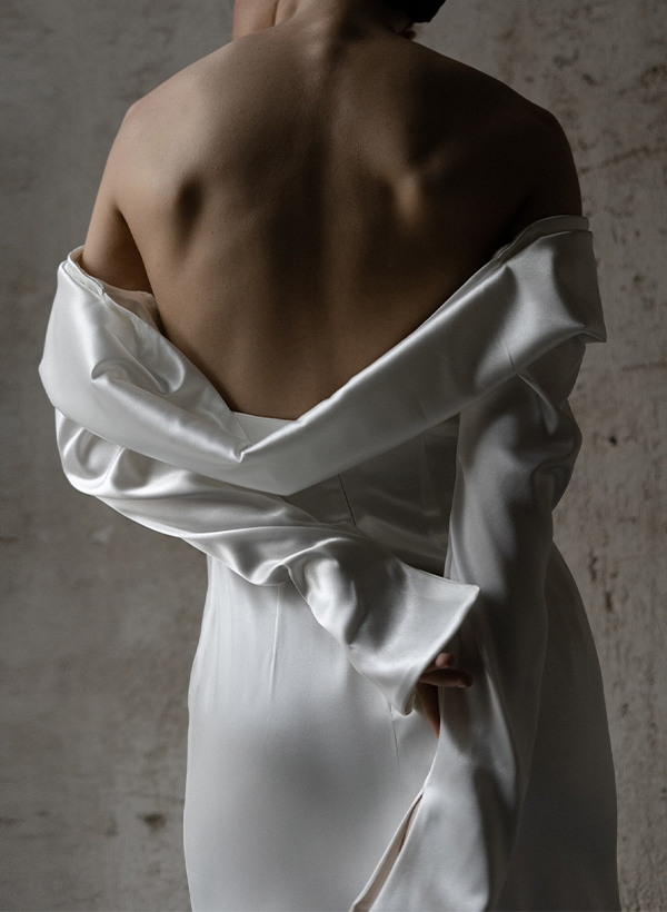 Elopement Draped Off-The-Shoulder Long Sleeves Silk Like Satin Wedding Dresses