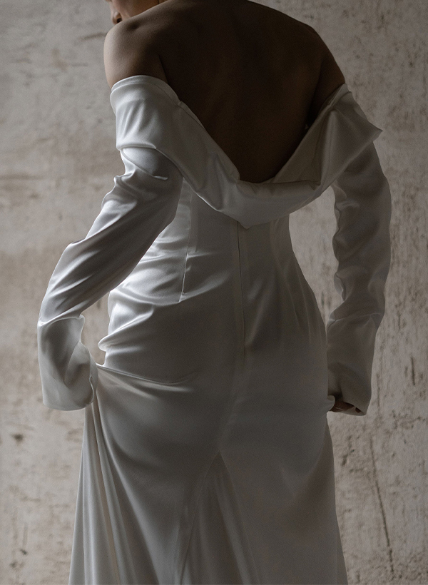 Elopement Draped Off-The-Shoulder Long Sleeves Silk Like Satin Wedding Dresses