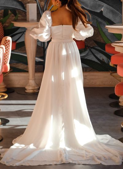 Free-Spirited Square Neckline Long Lantern Sleeves Satin Wedding Dresses