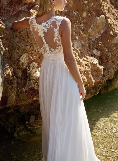 Whimsical A-Line V-Neck Floral Applique Chiffon Wedding Dresses With High Split