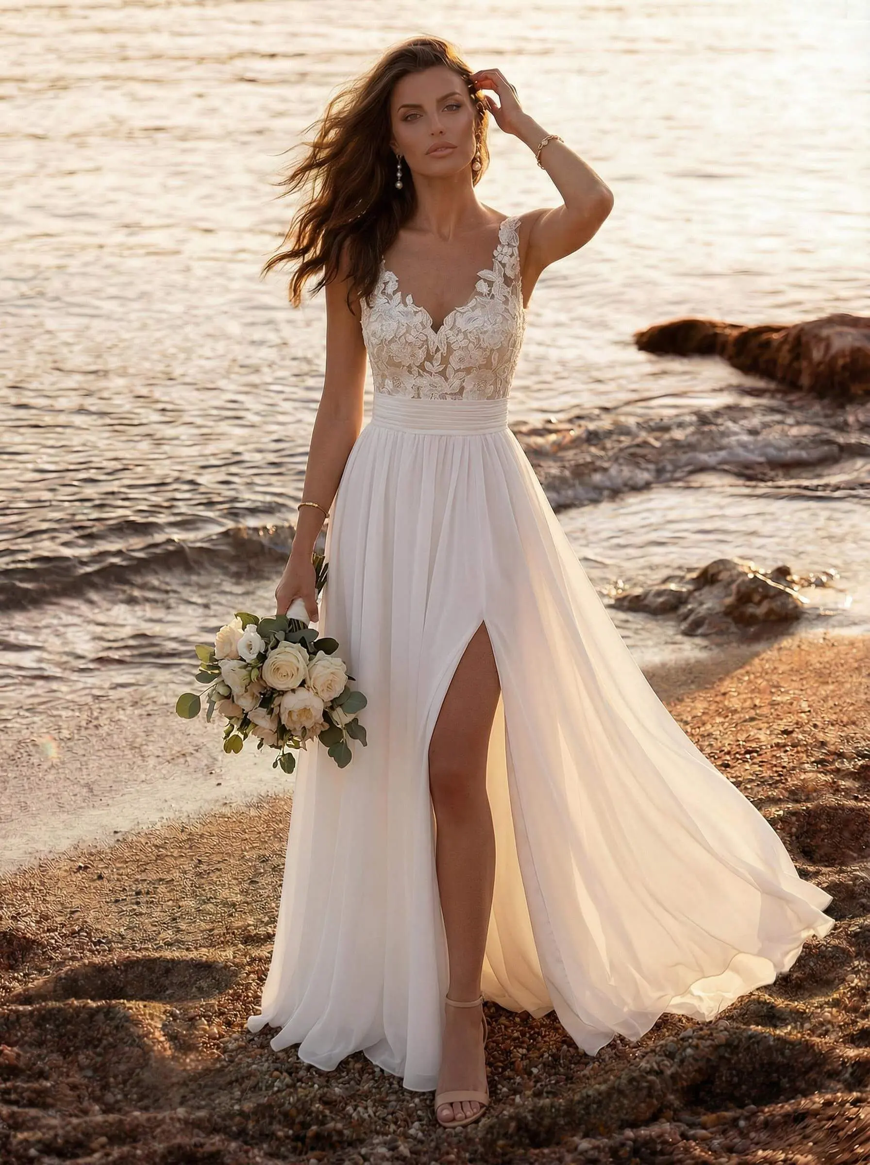a line chiffon wedding dress Fairy V Neck Dresses with Appliques Ivory Perfect for hotel White Chiffon A-line V-neck Beaded