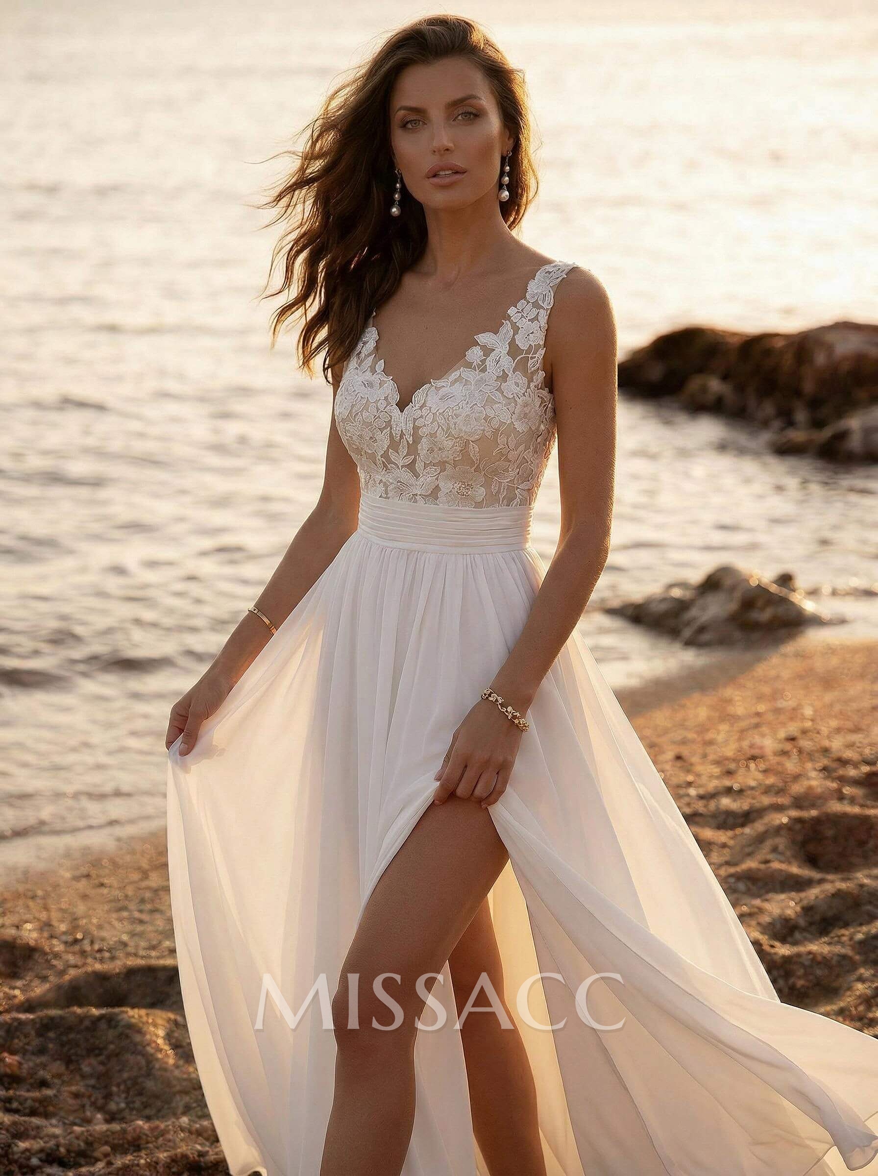 Whimsical A-Line V-Neck Floral Applique Chiffon Wedding Dresses With High Split