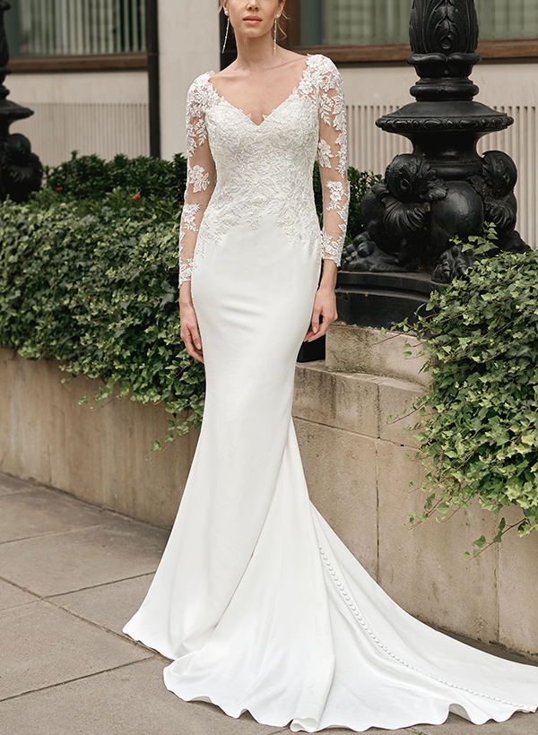 Exquisite Trumpet V-Neck Long Sleeves Wedding Dresses With Appliques Lace