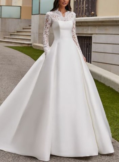 Modest A-Line V-Neck Long Sleeves Satin/Lace Wedding Dresses With Buttons Down The Back