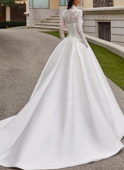 Modest A-Line V-Neck Long Sleeves Satin/Lace Wedding Dresses With Buttons Down The Back