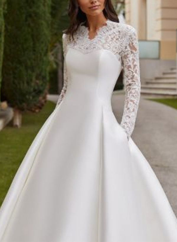 Modest A-Line V-Neck Long Sleeves Satin/Lace Wedding Dresses With Buttons Down The Back