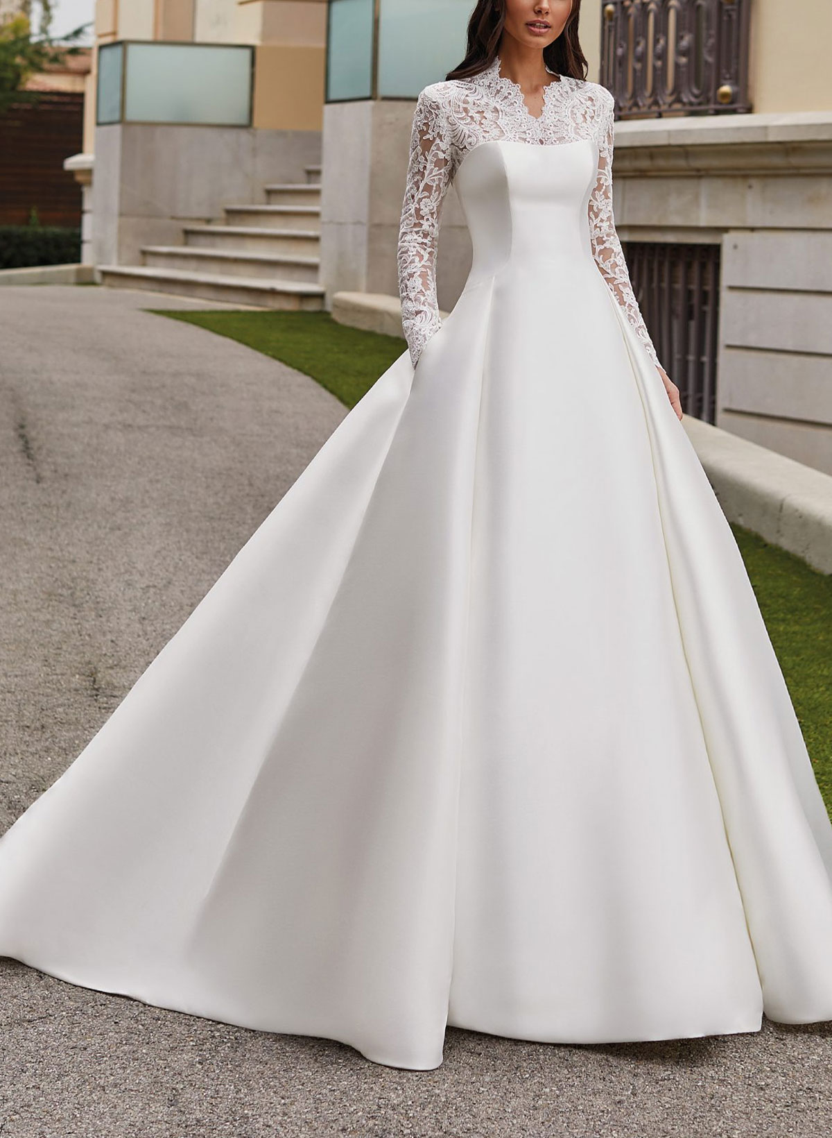 Modest A-Line V-Neck Long Sleeves Satin/Lace Wedding Dresses With Buttons Down The Back