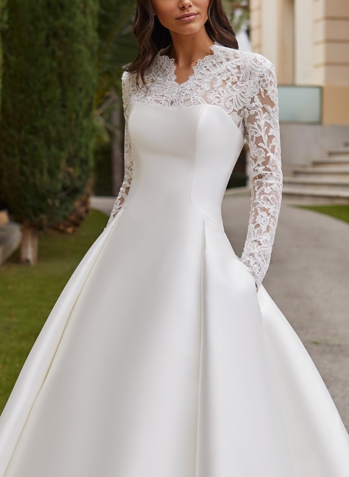 Modest A-Line V-Neck Long Sleeves Satin/Lace Wedding Dresses With Buttons Down The Back