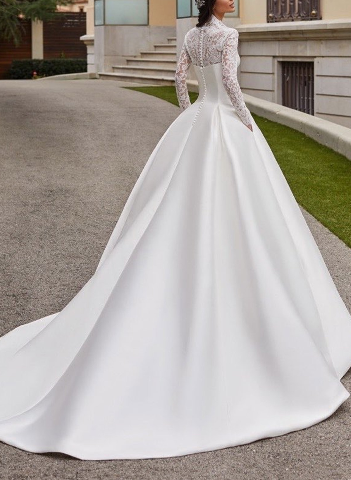 Modest A-Line V-Neck Long Sleeves Satin/Lace Wedding Dresses With Buttons Down The Back