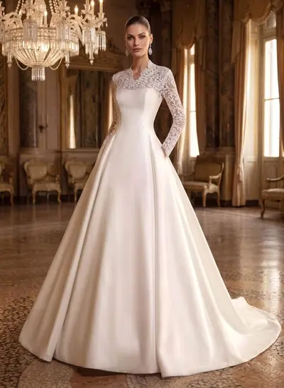 Modest A-Line V-Neck Long Sleeves Twill Satin/Lace Wedding Dresses With Buttons Down The Back