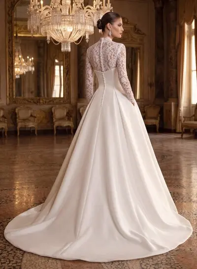 Modest A-Line V-Neck Long Sleeves Twill Satin/Lace Wedding Dresses With Buttons Down The Back