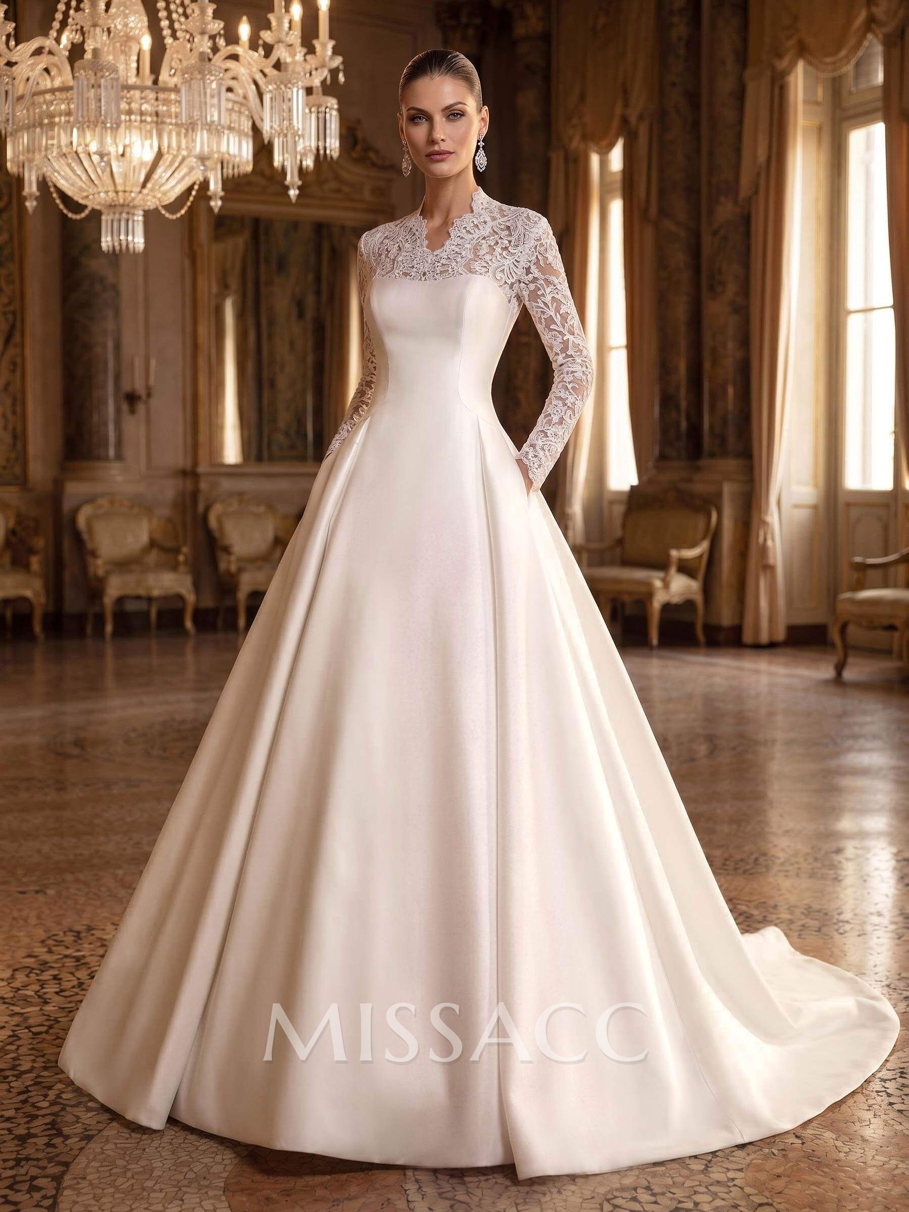 Modest A-Line V-Neck Long Sleeves Twill Satin/Lace Wedding Dresses With Buttons Down The Back Modest A-Line V-Neck Long Sleeves Twill Satin/Lace Wedding Dresses With Buttons Down The Back