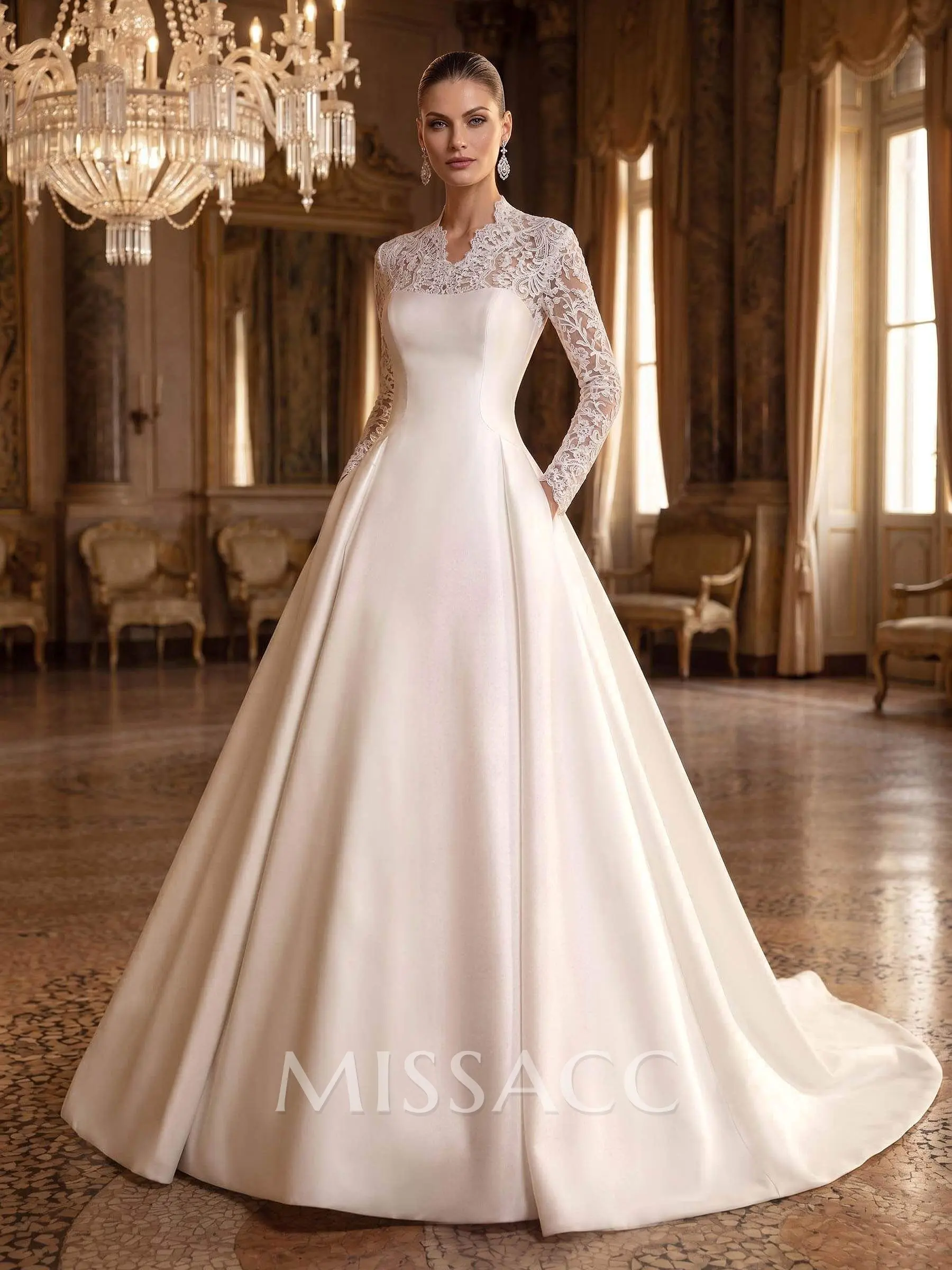 satin wedding dress with lace sleeves Gorgeous Long Sleeve Sheath Reception Bridal Gown Train this gown features breathtaking lace sleeves that cascade into an off Dreamyannie Women Wedding Dress A-Line