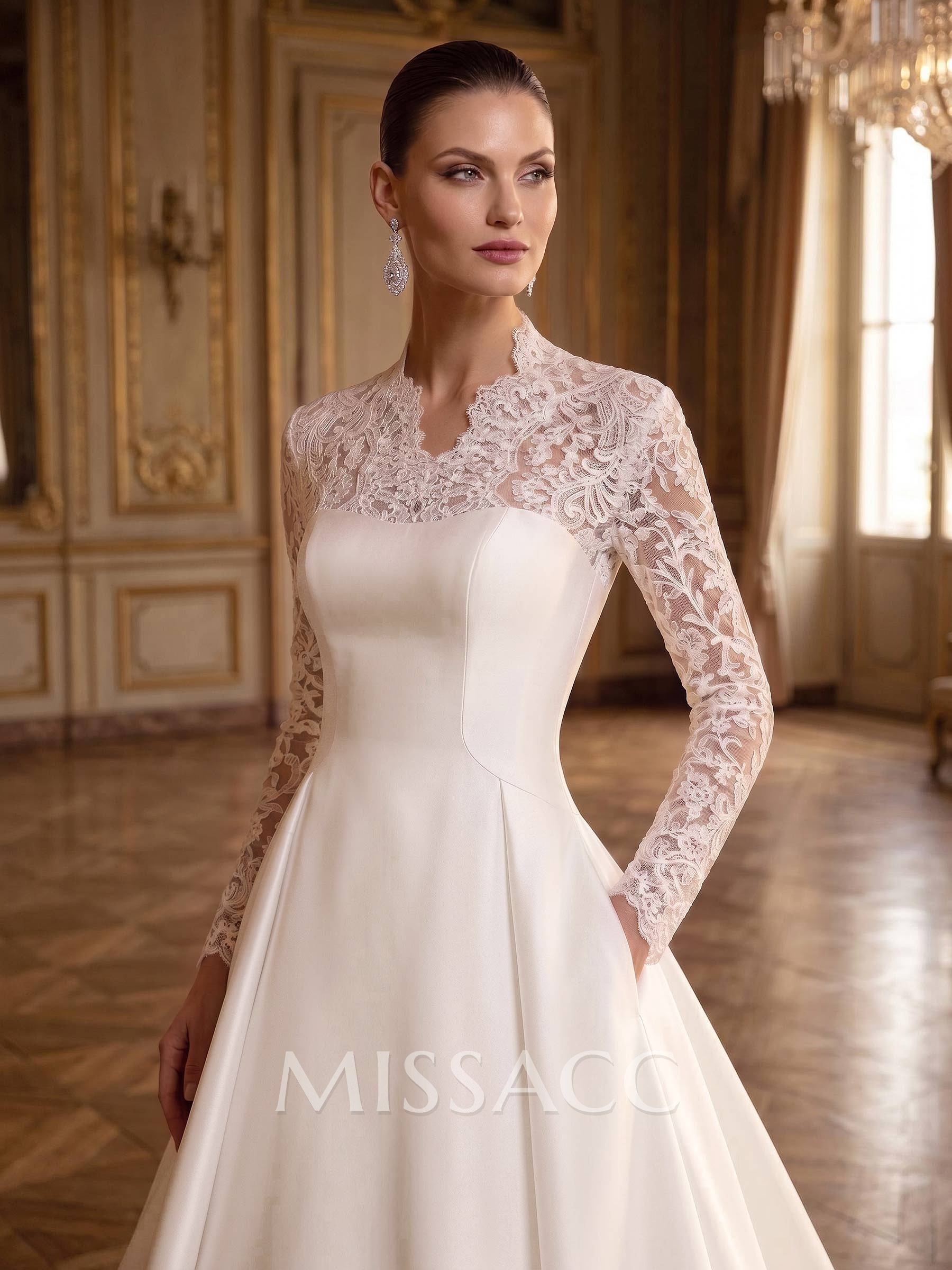Modest A-Line V-Neck Long Sleeves Twill Satin/Lace Wedding Dresses With Buttons Down The Back Modest A-Line V-Neck Long Sleeves Twill Satin/Lace Wedding Dresses With Buttons Down The Back