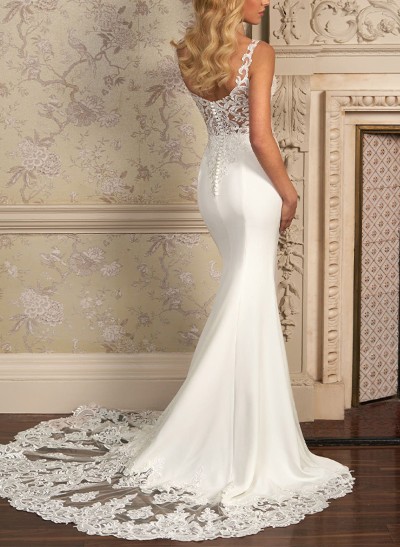 Classic Trumpet V-Neck Sleeveless Outcut Wedding Dresses With Lace