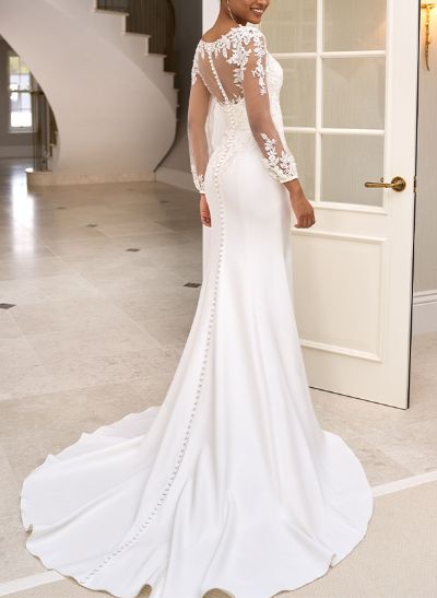 Modest Trumpet V-Neck Semi Sheer LIlusion Long Sleeves Wedding Dresses