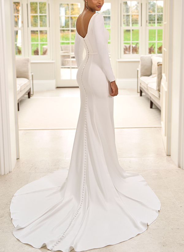 Flattering Trumpet Square Neckline Long Sleeves Elastic Satin Wedding Dresses