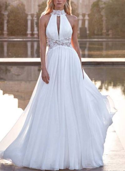 Exquisite A-Line Halter Sleeveless Floral Lace Chiffon Wedding Dresses With Criss Cross Back