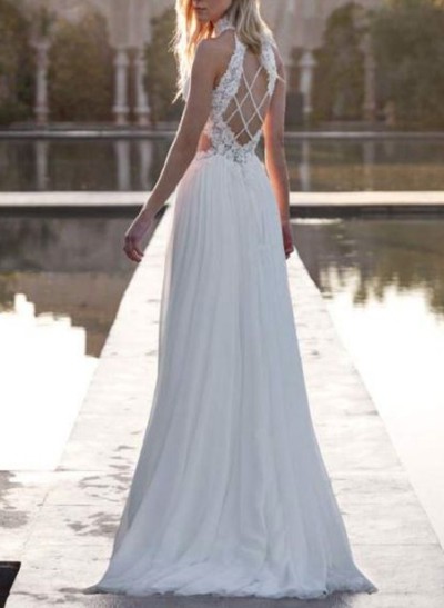 Exquisite A-Line Halter Sleeveless Floral Lace Chiffon Wedding Dresses With Criss Cross Back