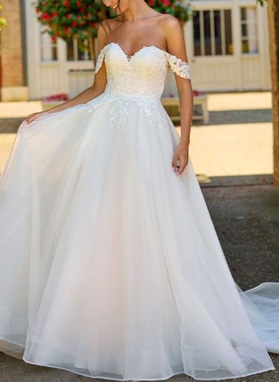 Dreamy Ball-Gown Off-The-Shoulder Tulle Wedding Dresses With Lace Applique