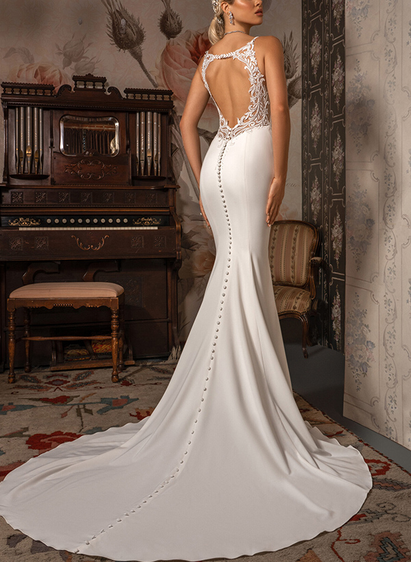 Elegant Trumpet Ball-Gown Elastic Satin Wedding Dresses With Bare Back