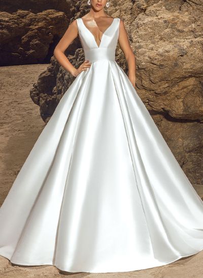 Minimalistic A-Line Plunge Neck Sleeveless Satin Wedding Dresses With Low Back