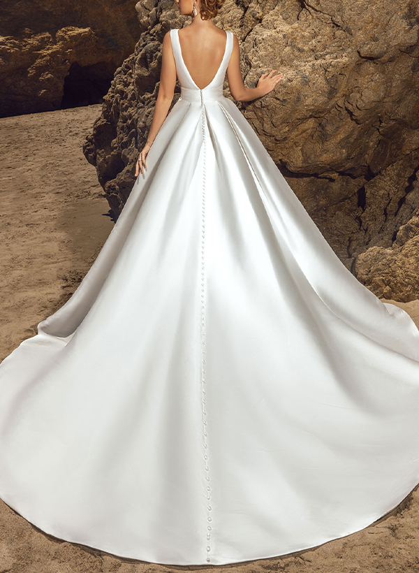 Minimalistic A-Line Plunge Neck Sleeveless Satin Wedding Dresses With Low Back