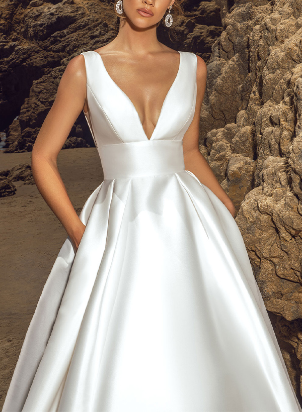 Minimalistic A-Line Plunge Neck Sleeveless Satin Wedding Dresses With Low Back