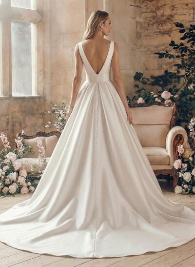 Minimalistic A-Line Plunge Neck Sleeveless Satin Wedding Dresses With Low Back