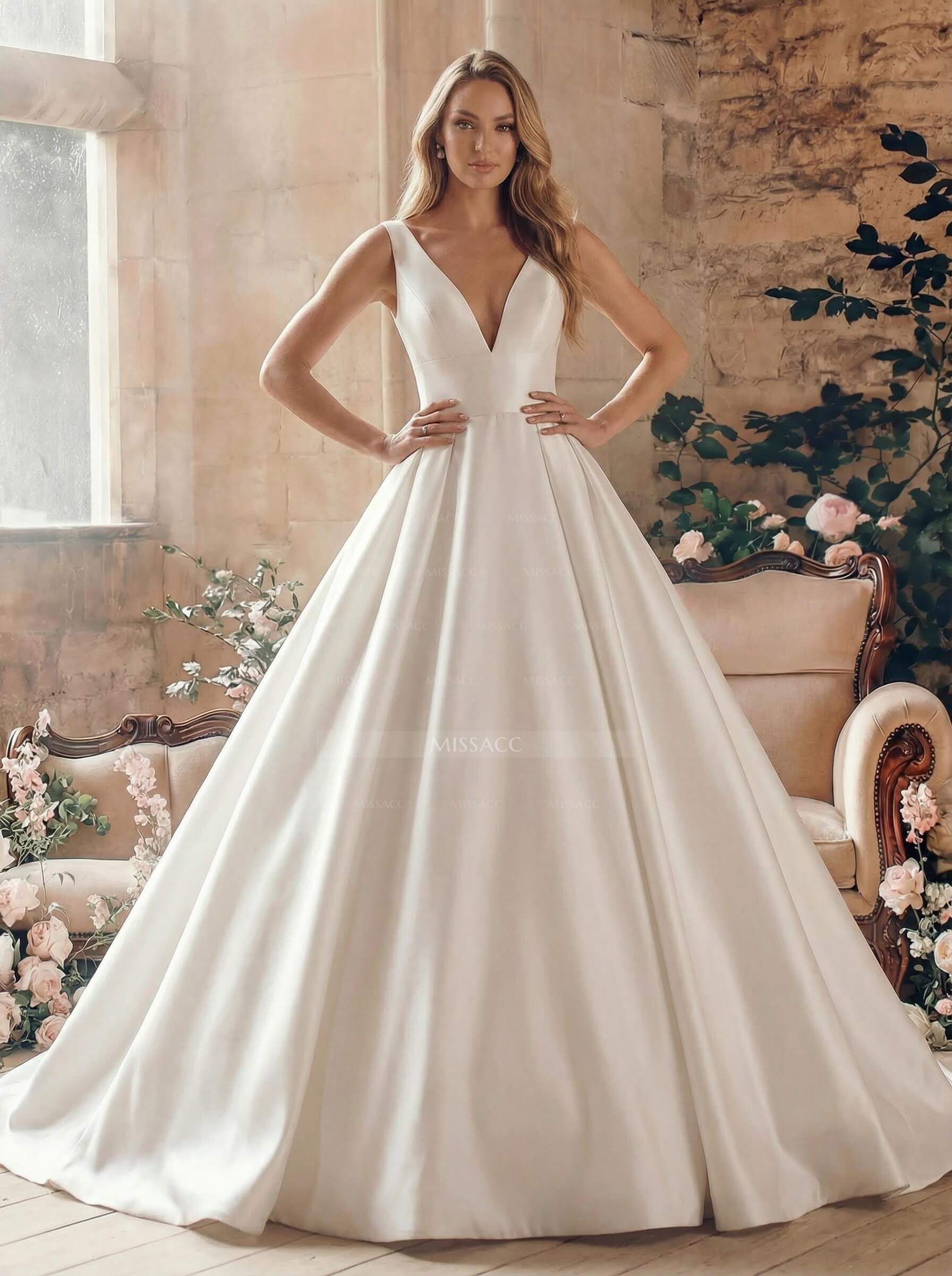 Minimalistic A-Line Plunge Neck Sleeveless Satin Wedding Dresses With Low Back