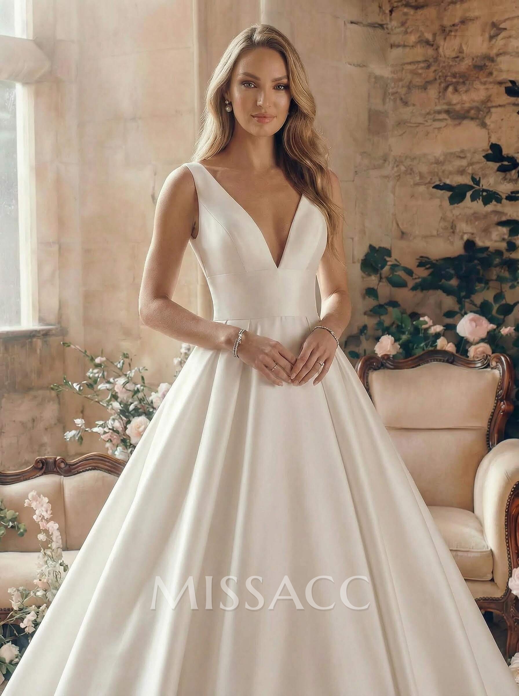 Minimalistic A-Line Plunge Neck Sleeveless Satin Wedding Dresses With Low Back