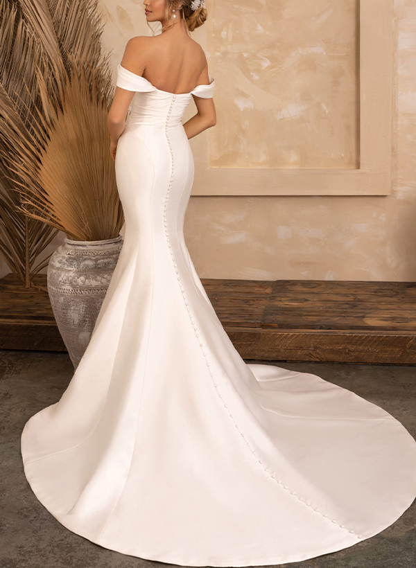 Whimsical Trumpet Off-The-Shoulder Sleeveless Satin Wedding Dresses With Buttons Down The Back