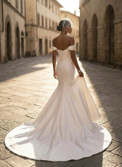 Whimsical Trumpet Off-The-Shoulder Sleeveless Satin Wedding Dresses With Buttons Down The Back
