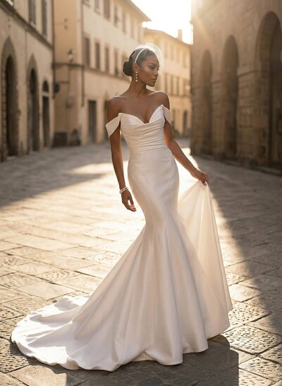 Whimsical Trumpet Off-The-Shoulder Sleeveless Satin Wedding Dresses With Buttons Down The Back