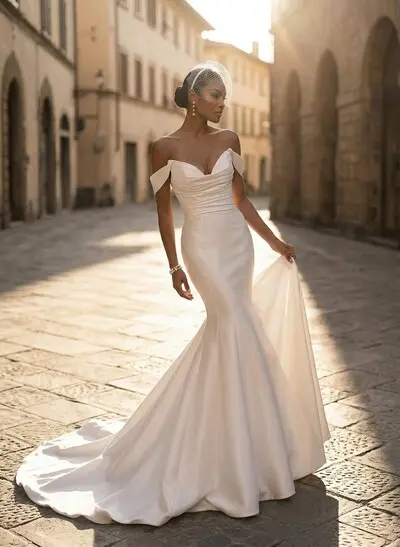 Whimsical Trumpet Off-The-Shoulder Sleeveless Satin Wedding Dresses With Buttons Down The Back