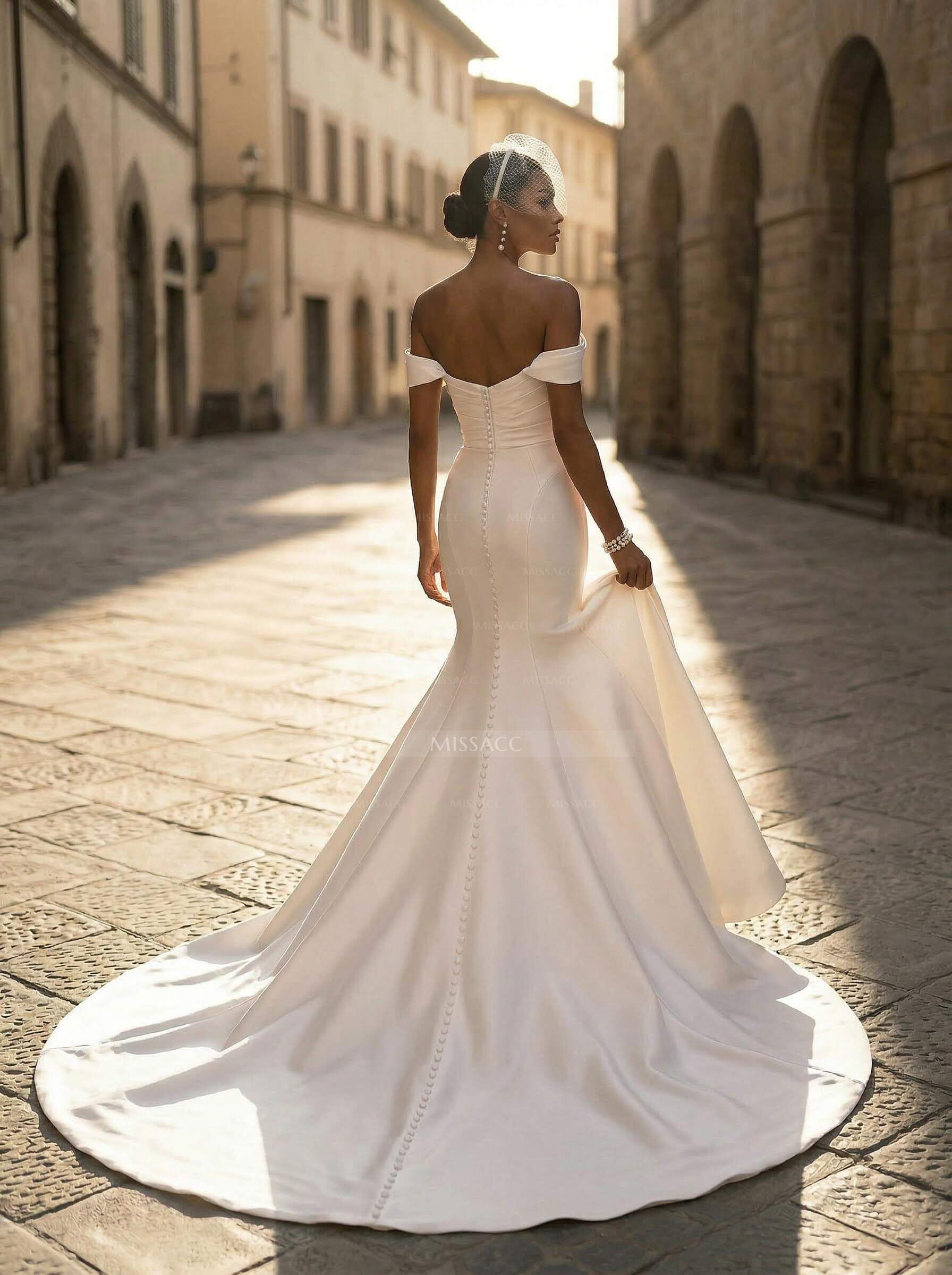 Whimsical Trumpet Off-The-Shoulder Sleeveless Satin Wedding Dresses With Buttons Down The Back