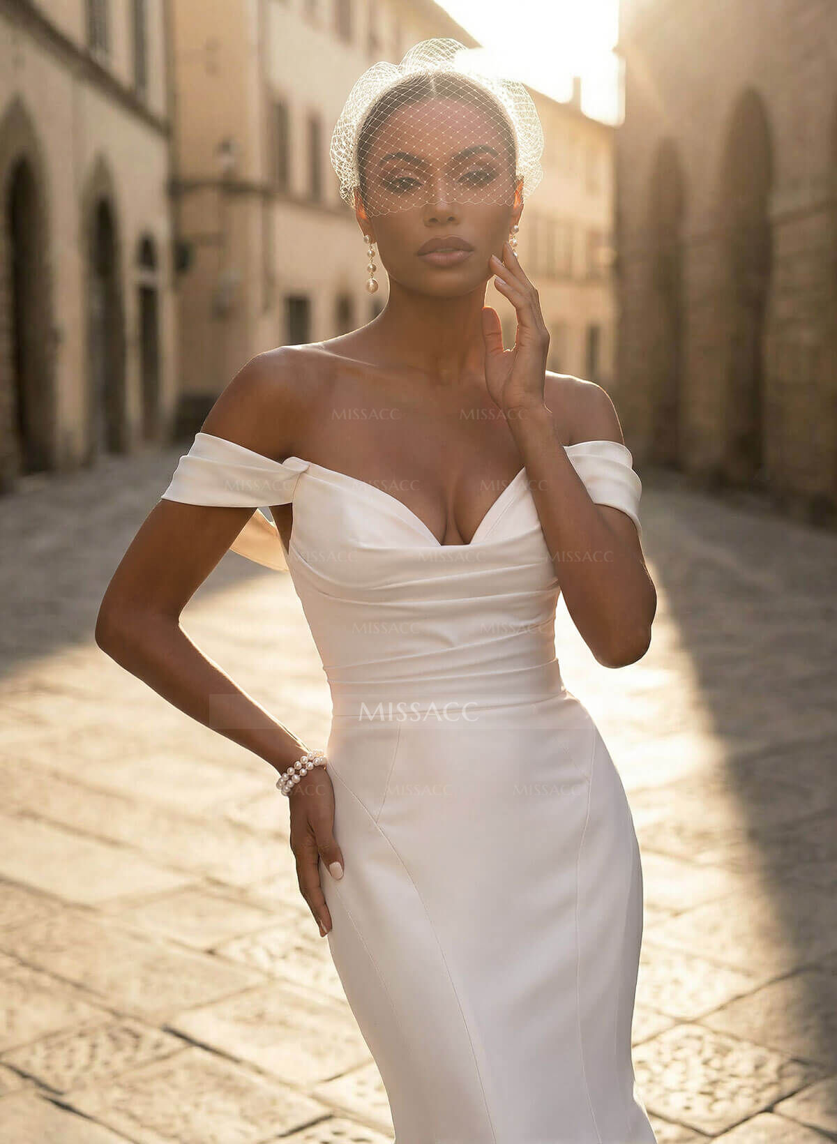 Whimsical Trumpet Off-The-Shoulder Sleeveless Satin Wedding Dresses With Buttons Down The Back