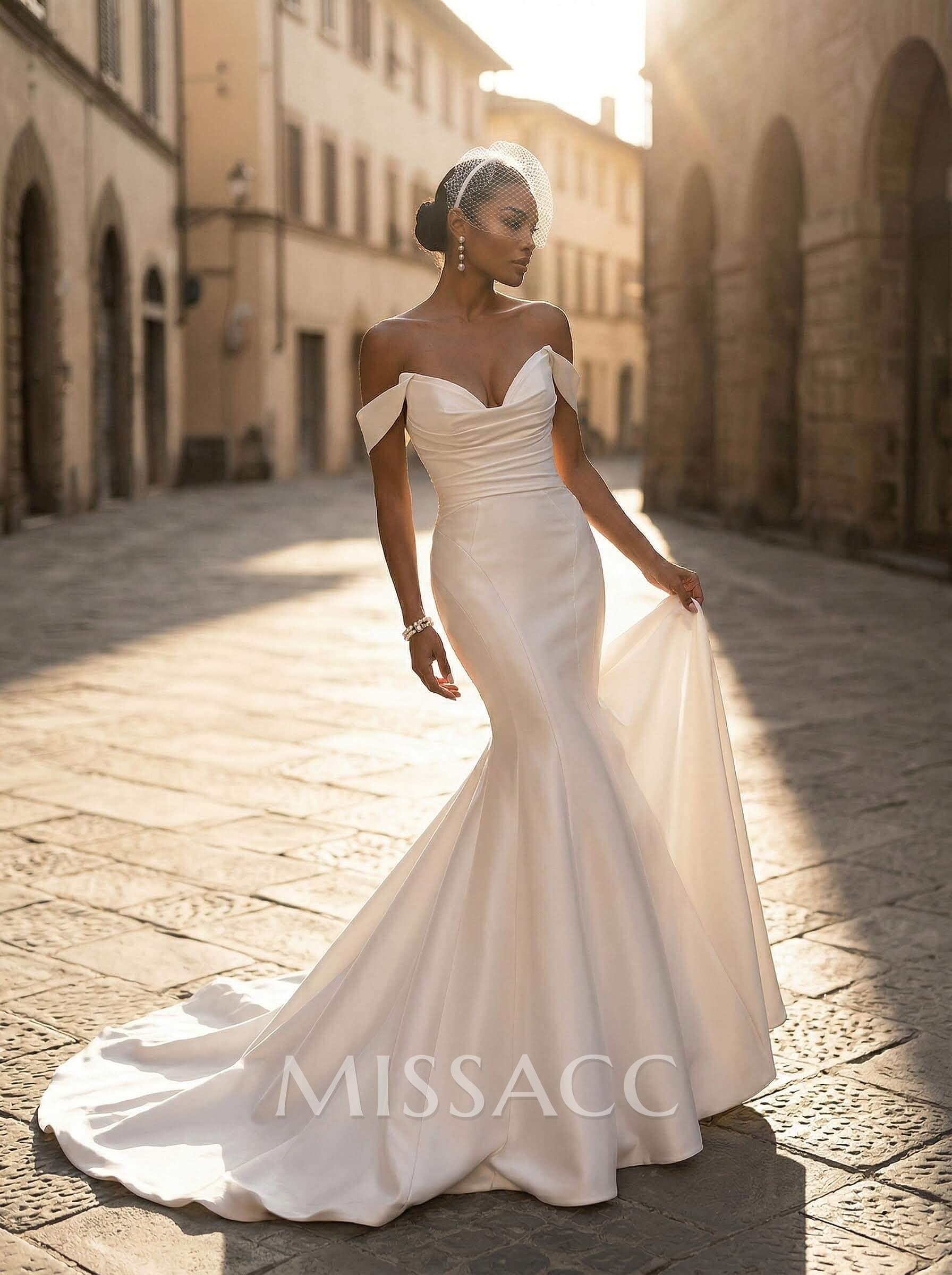 Whimsical Trumpet Off-The-Shoulder Sleeveless Satin Wedding Dresses With Buttons Down The Back