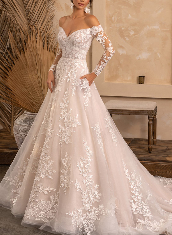 Luxury Ball-Gown V-Neck Long Sleeves Tulle Wedding Dresses With Appliques Lace