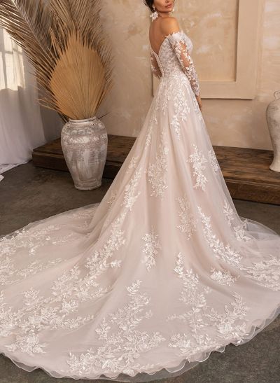 Luxury Ball-Gown V-Neck Long Sleeves Tulle Wedding Dresses With Appliques Lace