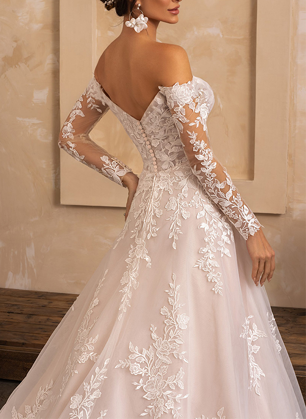 Luxury Ball-Gown V-Neck Long Sleeves Tulle Wedding Dresses With Appliques Lace