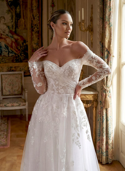 Luxury Ball-Gown V-Neck Long Sleeves Tulle Wedding Dresses With Appliques Lace
