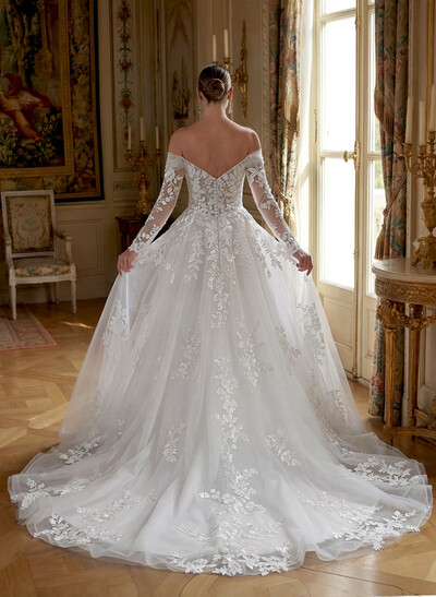 Luxury Ball-Gown V-Neck Long Sleeves Tulle Wedding Dresses With Appliques Lace
