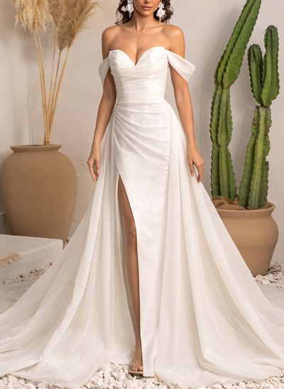 Sparkle Trumpet Off-The-Shoulde Overskirt Wedding Dresses With High Split