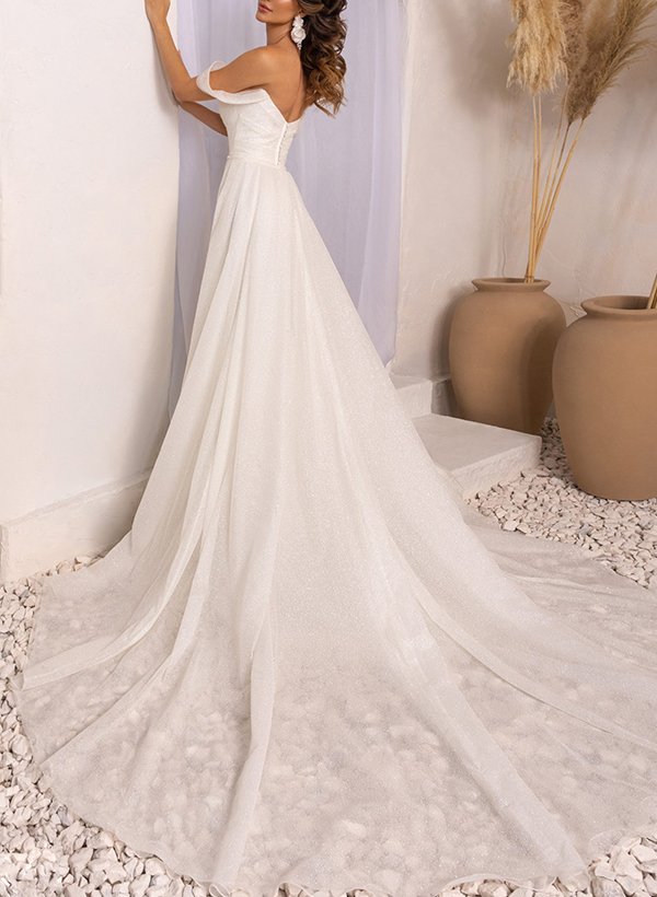 Sparkle Trumpet Off-The-Shoulde Overskirt Wedding Dresses With High Split