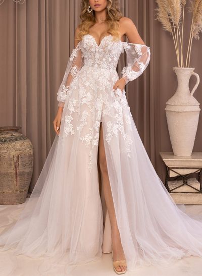 Exquisite Off-The-Shoulder Long Lantern Sleeves Tulle Wedding Dresses With High Split