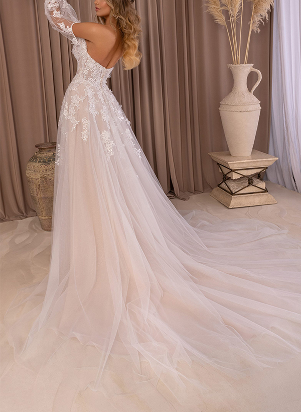 Exquisite Off-The-Shoulder Long Lantern Sleeves Tulle Wedding Dresses With High Split