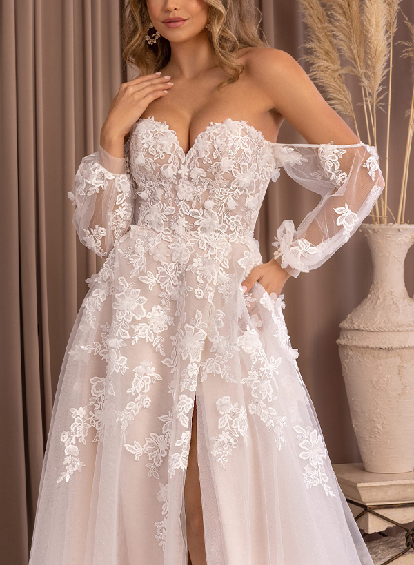 Exquisite Off-The-Shoulder Long Lantern Sleeves Tulle Wedding Dresses With High Split